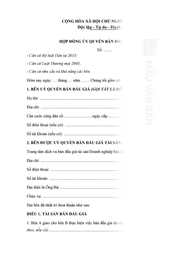 Hợp đồng ủy quyền đấu giá tài sản