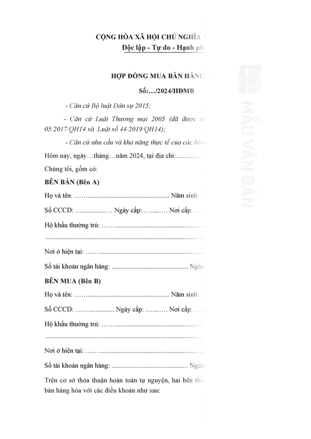 Mẫu hợp đồng mua bán hàng hóa cá nhân