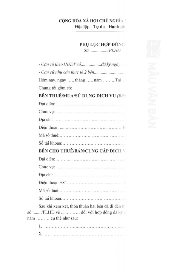 Mẫu phụ lục hợp đồng dịch vụ