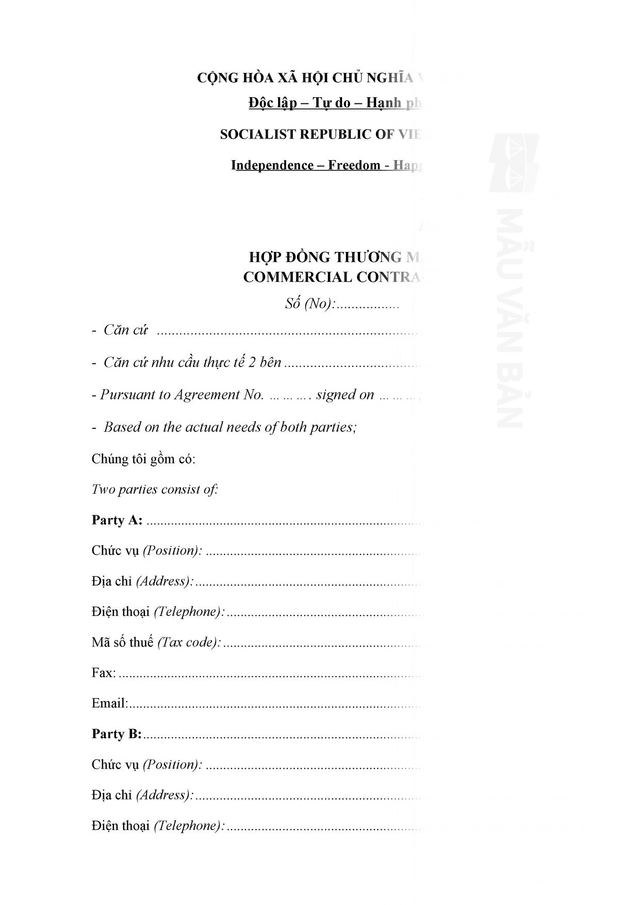 Mẫu hợp đồng thương mại song ngữ anh việt