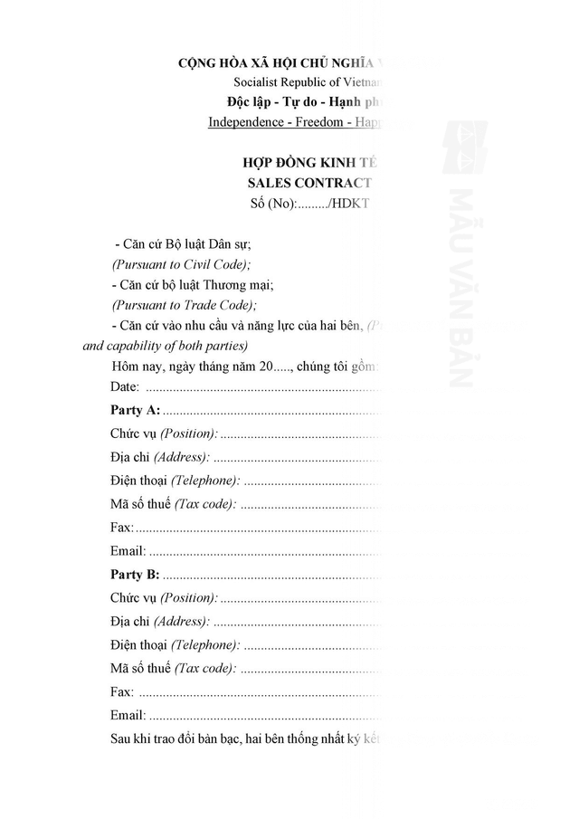 Mẫu hợp đồng kinh tế song ngữ anh việt