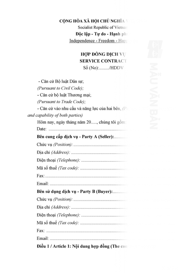 Mẫu hợp đồng dịch vụ song ngữ anh việt