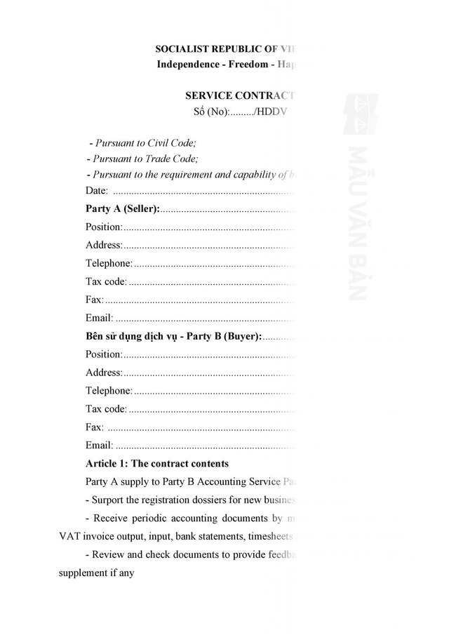 Mẫu hợp đồng dịch vụ bằng tiếng anh