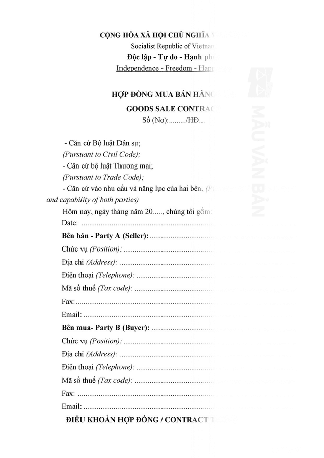 Hợp đồng mua bán hàng hóa song ngữ