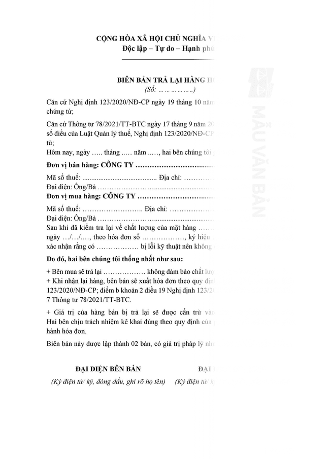 Mẫu biên bản trả lại hàng cho nhà cung cấp
