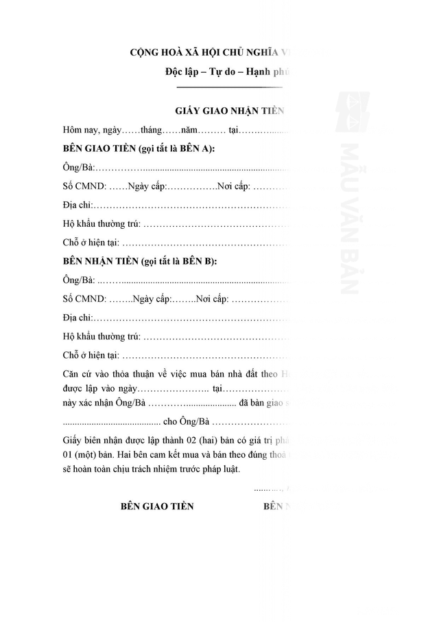 Mẫu Giấy biên nhận tiền