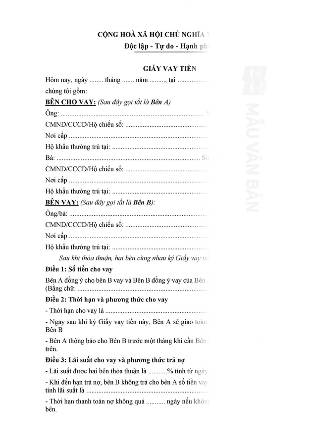 Mẫu giấy vay tiền không thế chấp