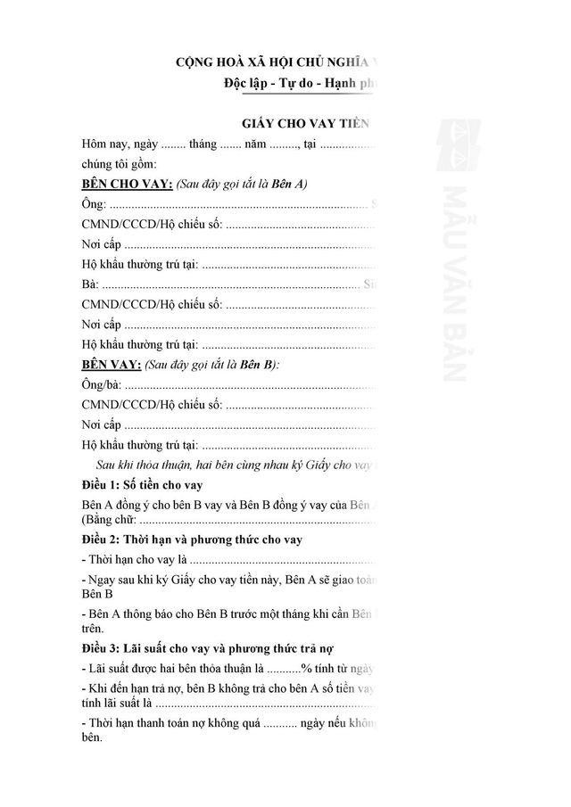 Mẫu giấy cho vay tiền 