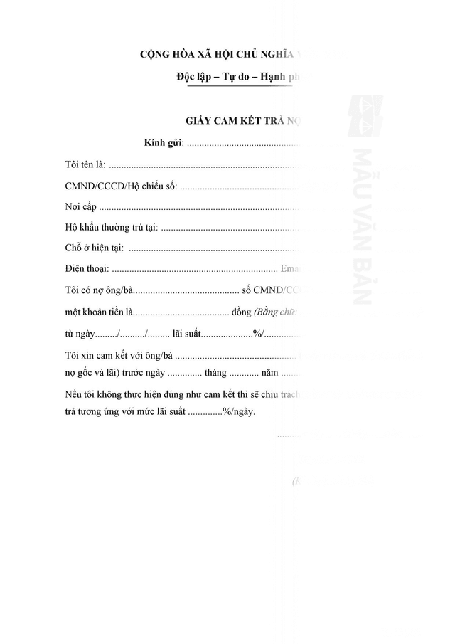 Mẫu giấy cam kết trả nợ cá nhân