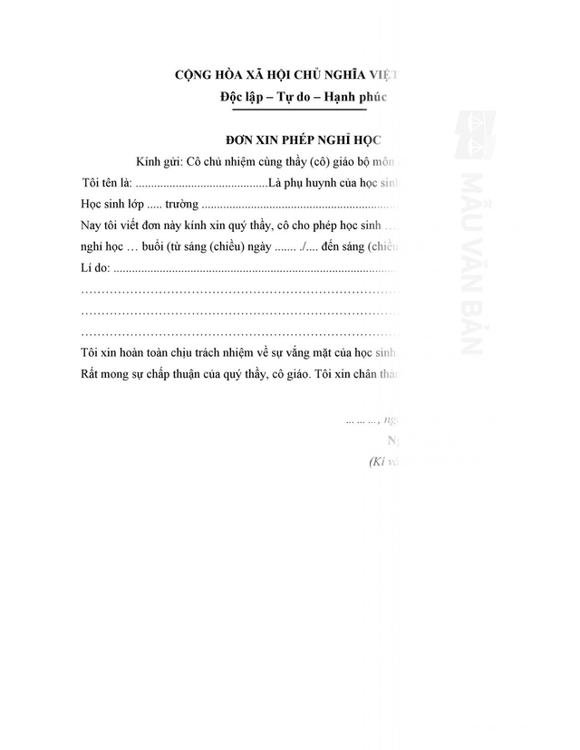 Mẫu đơn xin nghỉ học cho con