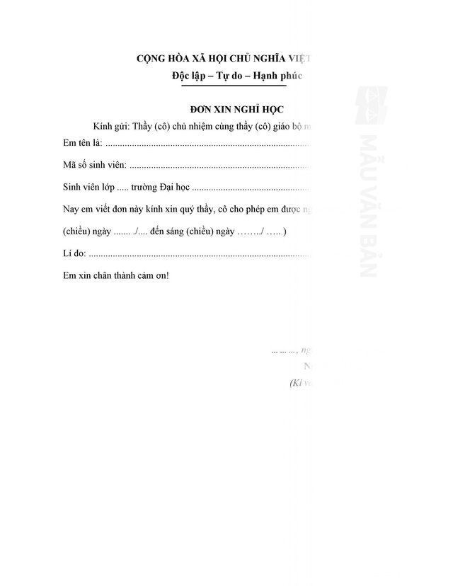 Mẫu đơn xin nghỉ học cho sinh viên