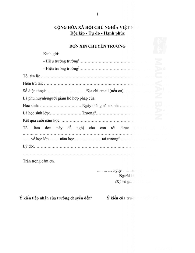 Mẫu đơn xin chuyển trường