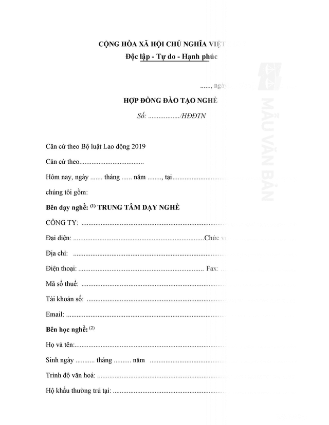 Mẫu hợp đồng đào tạo