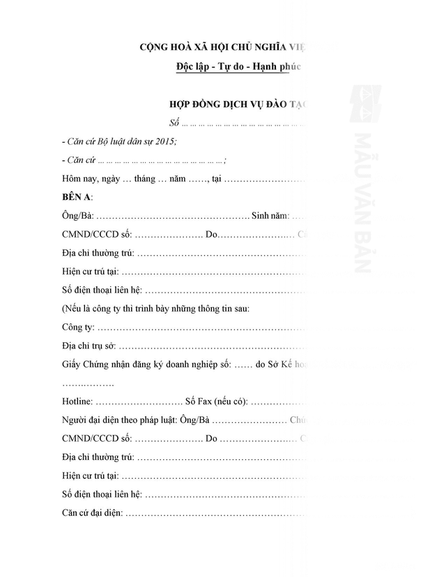 Mẫu hợp đồng dịch vụ đào tạo