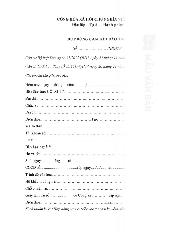 Mẫu hợp đồng cam kết đào tạo