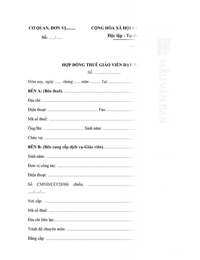 Hợp đồng thuê giáo viên dạy thêm
