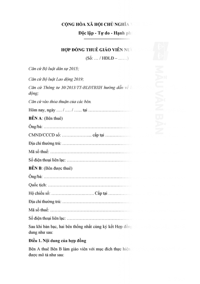 Hợp đồng thuê giáo viên nước ngoài