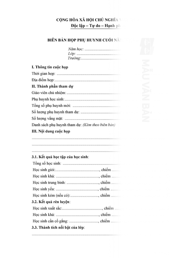 Mẫu biên bản họp phụ huynh cuối năm
