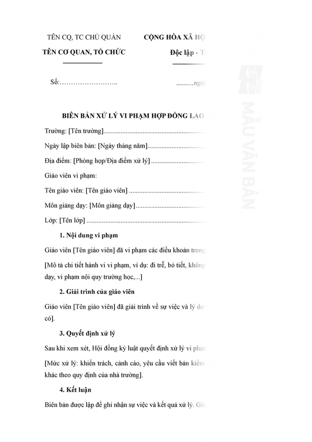 Biên bản xử lý vi phạm hợp đồng lao động giáo viên