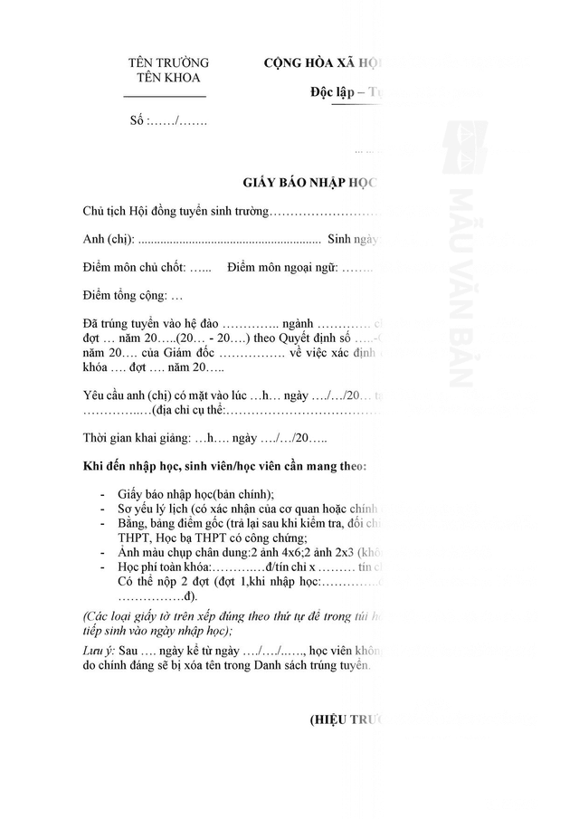 Mẫu giấy báo nhập học