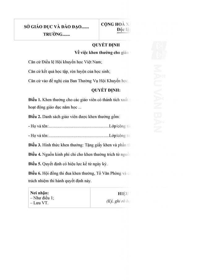 Mẫu quyết định khen thưởng giáo viên