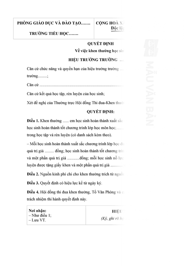 Mẫu quyết định khen thưởng học sinh cuối năm
