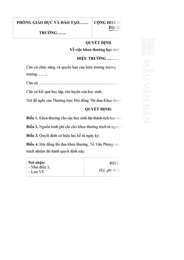 Mẫu quyết định khen thưởng học sinh giỏi