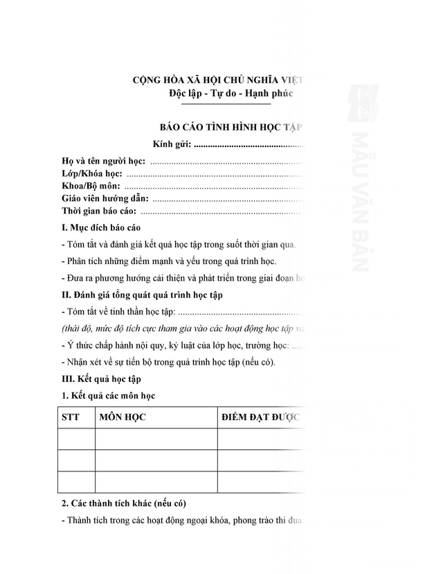 Mẫu báo cáo tình hình học tập của sinh viên