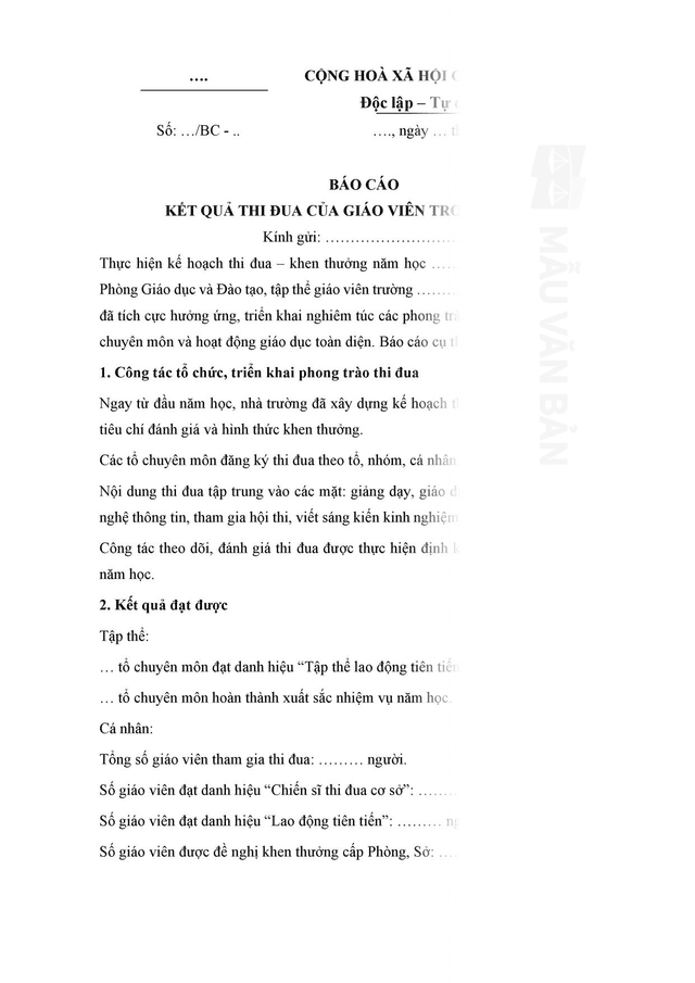 Báo cáo kết quả thi đua của giáo viên trong năm học