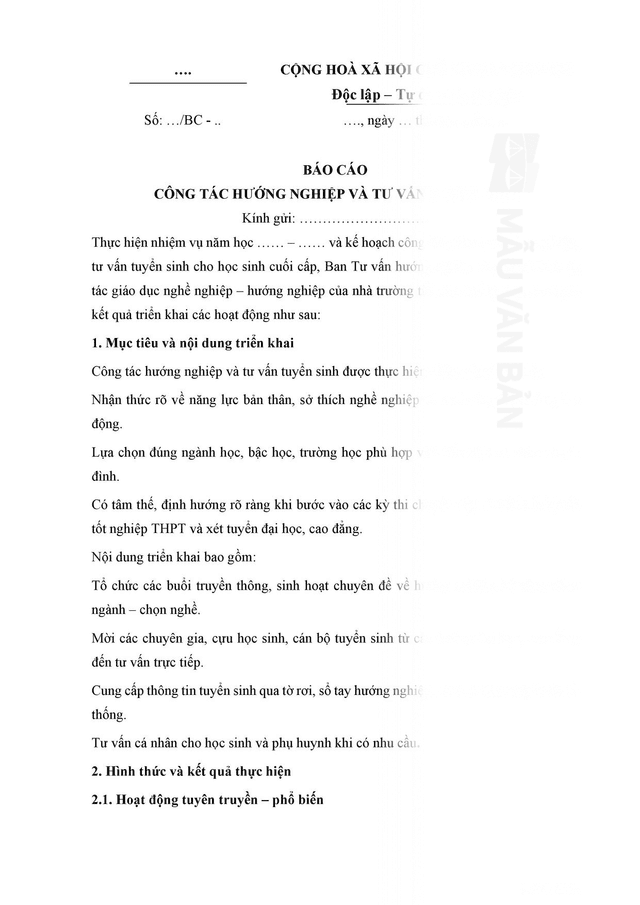 Báo cáo công tác hướng nghiệp và tư vấn tuyển sinh