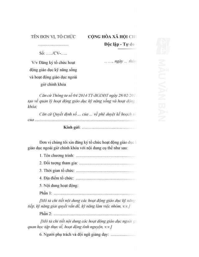 Công văn đăng ký tổ chức hoạt động giáo dục kỹ năng sống, hoạt động giáo dục ngoài giờ chính khóa