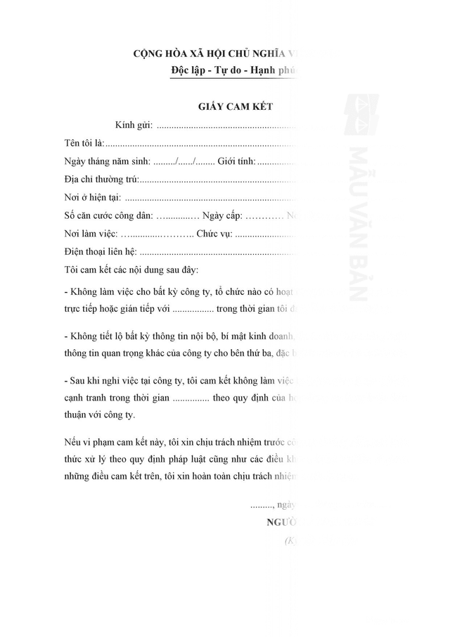 Giấy cam kết không làm việc cho đối thủ cạnh tranh