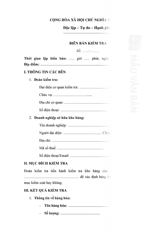 Biên bản kiểm tra kho hàng chứa hàng hóa nhập khẩu thuộc danh mục kiểm soát