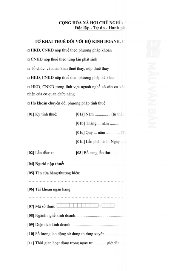 Tờ khai thuế đối với hộ kinh doanh, cá nhân kinh doanh
