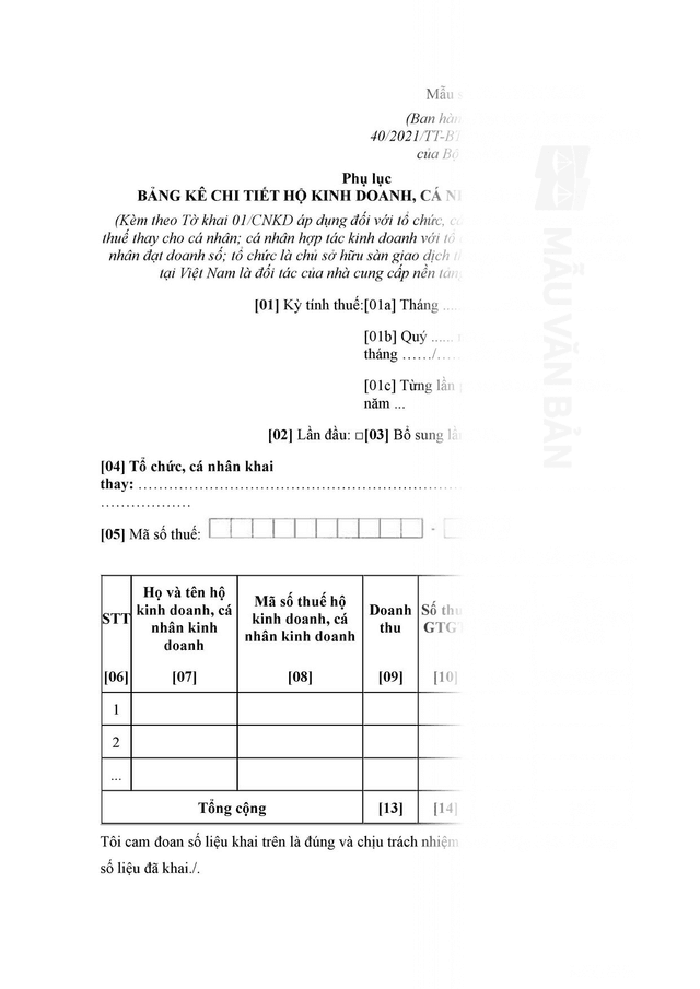 Bảng kê chi tiết hộ kinh doanh, cá nhân kinh doanh