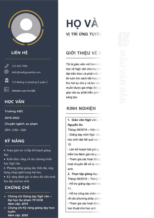 Mẫu CV xin việc giáo viên