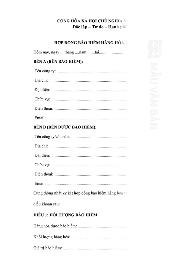 Mẫu hợp đồng bảo hiểm hàng hóa vận chuyển