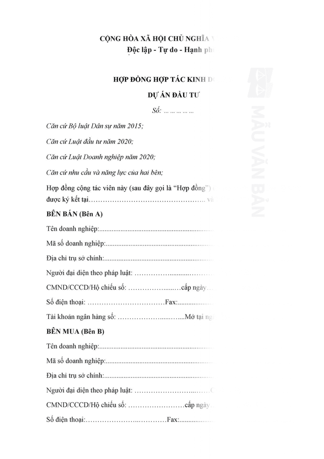 Mẫu hợp đồng hợp tác đầu tư dự án