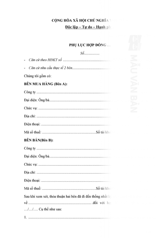 Mẫu phụ lục hợp đồng mua bán hàng hóa