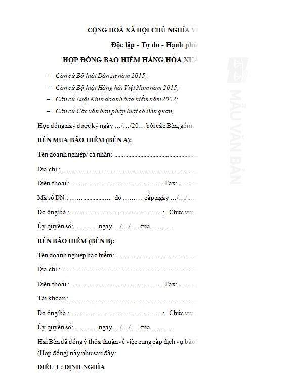 Mẫu hợp đồng bảo hiểm hàng hóa xuất nhập khẩu
