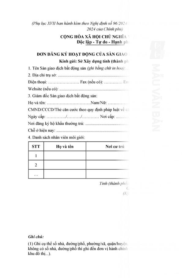 Đơn đăng ký hoạt động của sàn giao dịch bất động sản