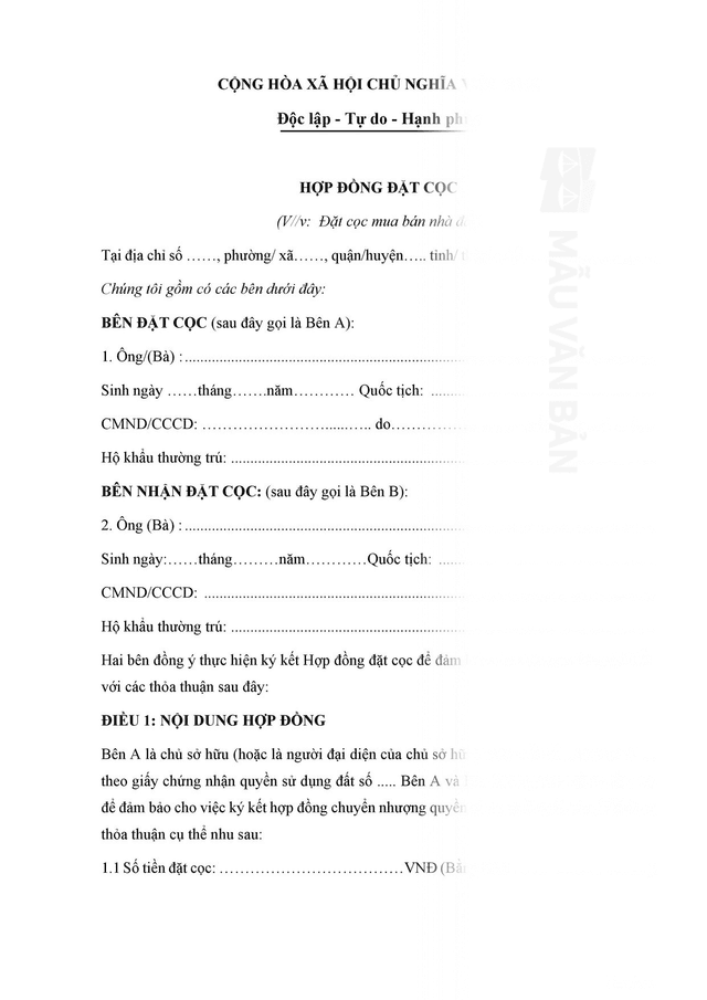 Hợp đồng đặt cọc chuyển nhượng quyền sử dụng đất