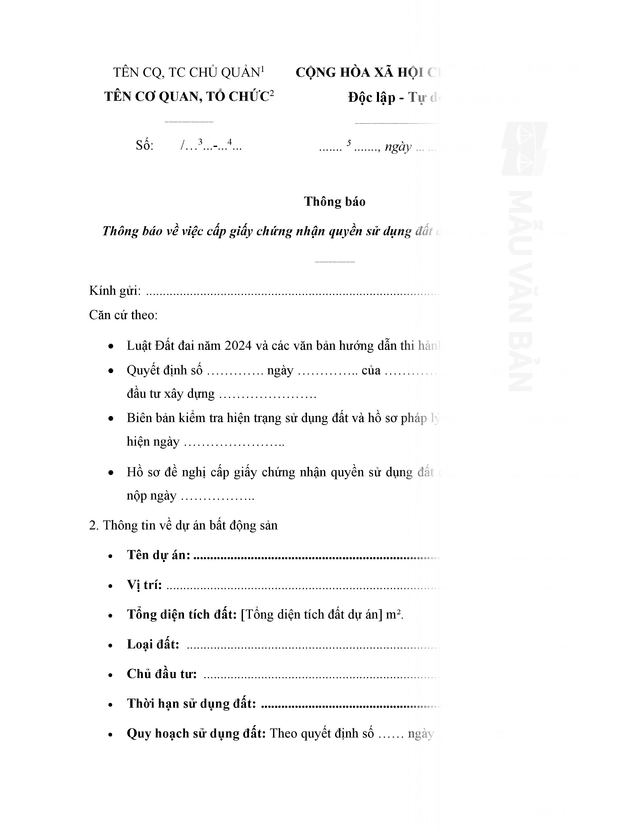 Thông báo về việc cấp giấy chứng nhận quyền sử dụng đất cho dự án bất động sản