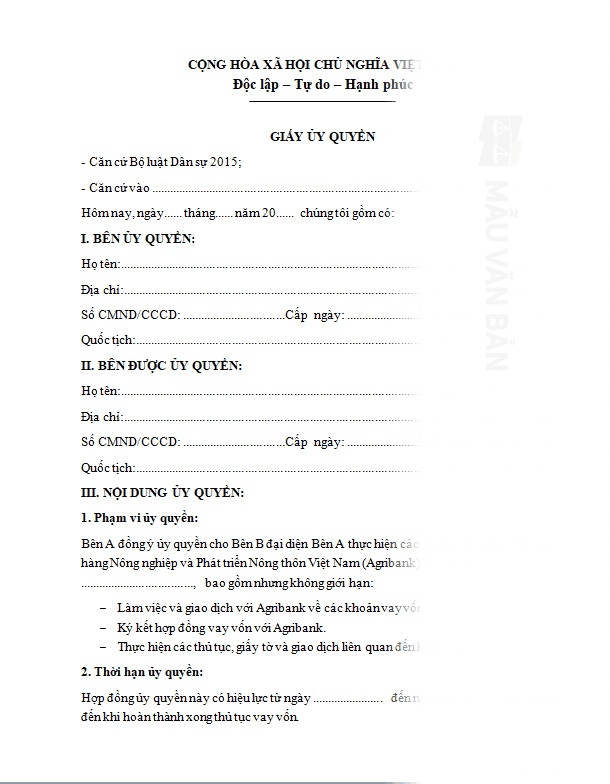 Mẫu hợp đồng ủy quyền vay vốn ngân hàng Agribank
