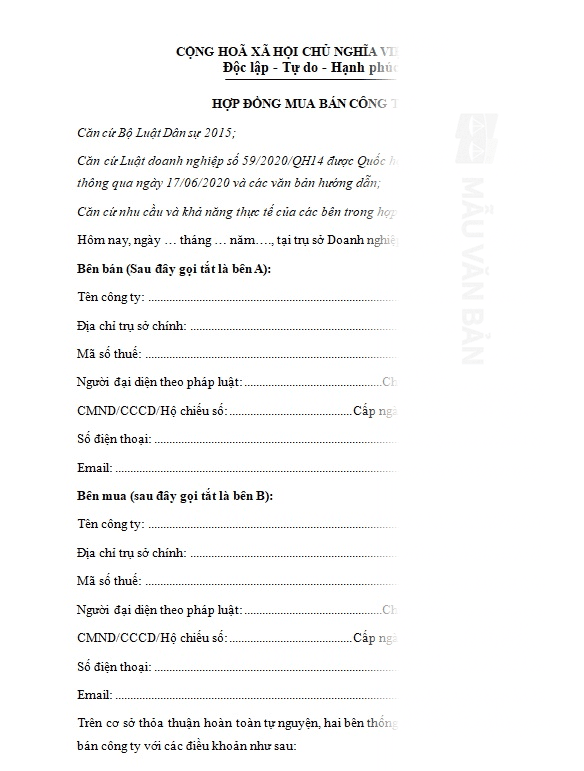 Mẫu hợp đồng mua bán công ty