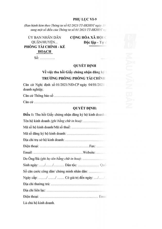 Quyết định thu hồi Giấy chứng nhận đăng ký hộ kinh doanh