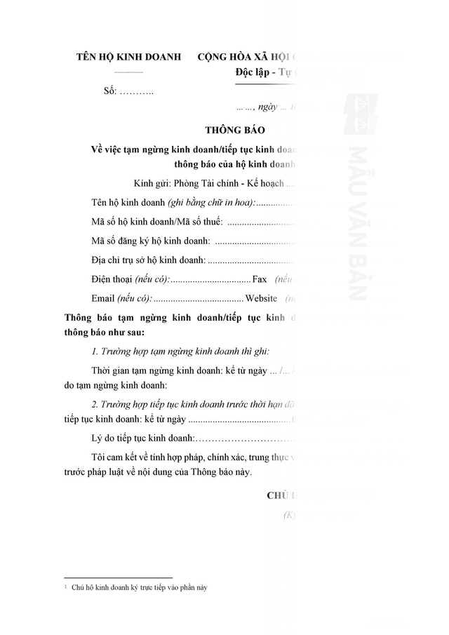 Thông báo tạm ngừng kinh doanh của hộ kinh doanh