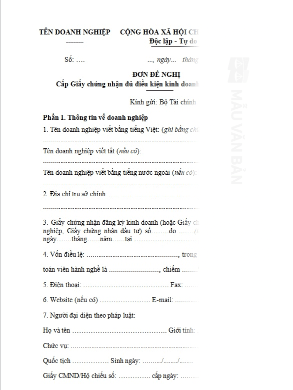 Mẫu đơn đề nghị cấp giấy chứng nhận đủ điều kiện kinh doanh dịch vụ kiểm toán