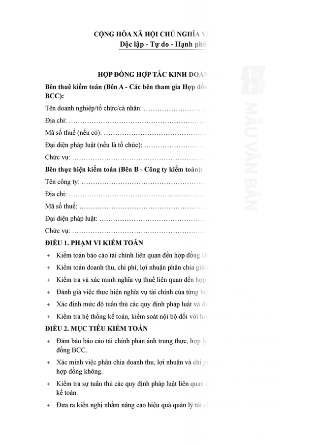 Hợp đồng kiểm toán hợp đồng hợp tác kinh doanh (BCC)