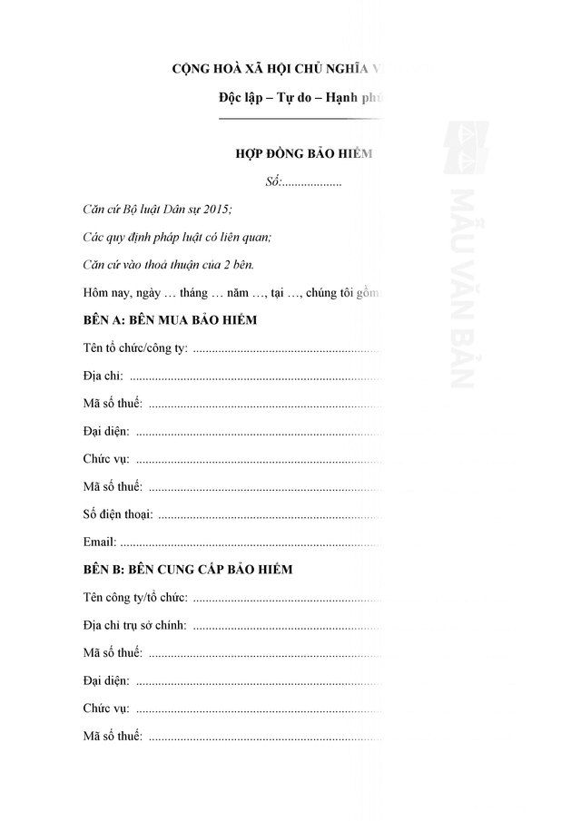 mẫu HỢP ĐỒNG BẢO HIỂM KHOẢN VAY